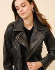 Washed Leather Moto Jacket- Black-