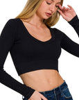 Long Sleeve VNeck Crop Top- NT-6358- Black