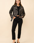 Washed Leather Moto Jacket- Black-