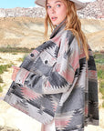 Aztec Print Shacket- Grey/Pink-