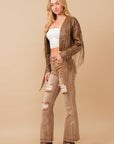 Faux Leather Cropped Eyelet Fringe Jacket- 61242J- Brown