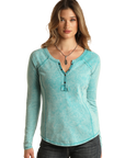 Acid Wash Button Neck Henley- Turquoise-