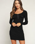 Long Sleeve Mini Dress w/ Pockets & Zip
