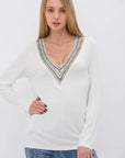 Bejeweled V-Neck Long Sleeve - White