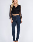 V-Neck Top with Sheer Dotted Sleeve-