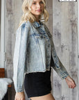 Distressed Denim Jacket with Rhinestone Stripes