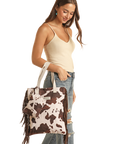 Cowprint Canvas Tote Bag with Fringe