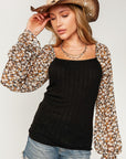 PLUS- Ribbed Balloon Floral Sleeve Top- Black-