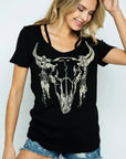 Bull Skull Cut-Out Neckline Tee