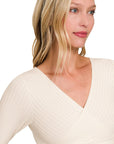 Ribbed Cross Front Cropped Long Sleeve- RRT-8526Y- Sand Beige