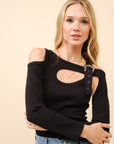 Ribbed Cut-Out Buckle Shirt- Black