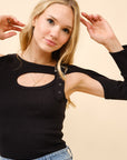 Ribbed Cut-Out Buckle Shirt- Black