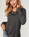 PLUS- Ribbed V-Neck with Lace Trim Neck- Charcoal-