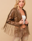 Faux Leather Cropped Eyelet Fringe Jacket- 61242J- Brown