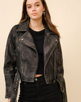 Washed Leather Moto Jacket- Black-
