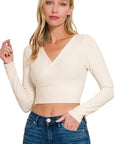 Ribbed Cross Front Cropped Long Sleeve- RRT-8526Y- Sand Beige