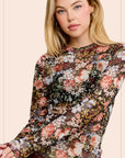Sheer Floral Mesh Top - Black-