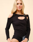 Ribbed Cut-Out Buckle Shirt- Black
