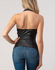 Lace-Up Detail Leather Halter- L3920- Black