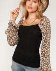 PLUS- Ribbed Balloon Floral Sleeve Top- Black-