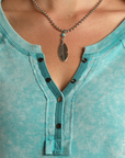 Acid Wash Button Neck Henley- Turquoise-