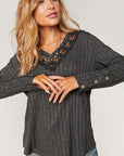 PLUS- Ribbed V-Neck with Lace Trim Neck- Charcoal-