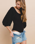 Scoop Neck Balloon Sleeve Bodysuit- Black-