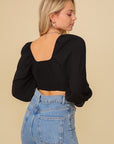 Puff Sleeve Surplice Crop Top- Black-