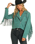 Suede Moto Jacket with Fringe- Teal- BW92C04462