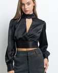 Satin Wrap Blouse- Black