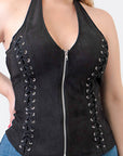 Black Suede Zip Halter Top - PLUS