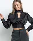 Satin Wrap Blouse- Black