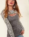 PLUS- Aztec Colorblock Cut-Out Long Sleeve-