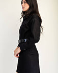 Long Sleeve Denim Mini Dress- Black