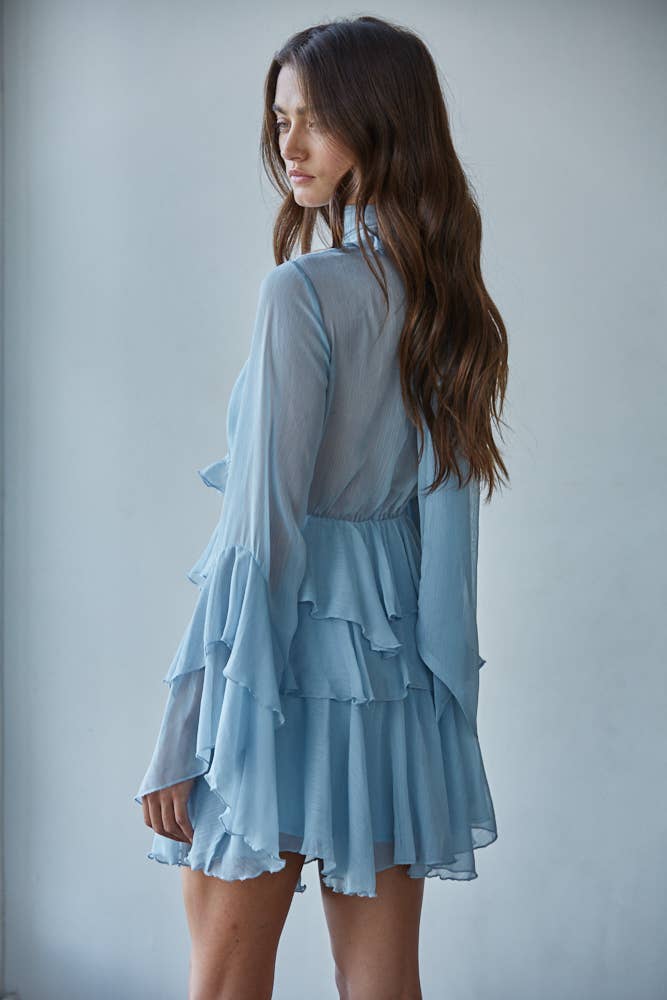 Woven Chiffon Ruffled Dress- Dusty Blue