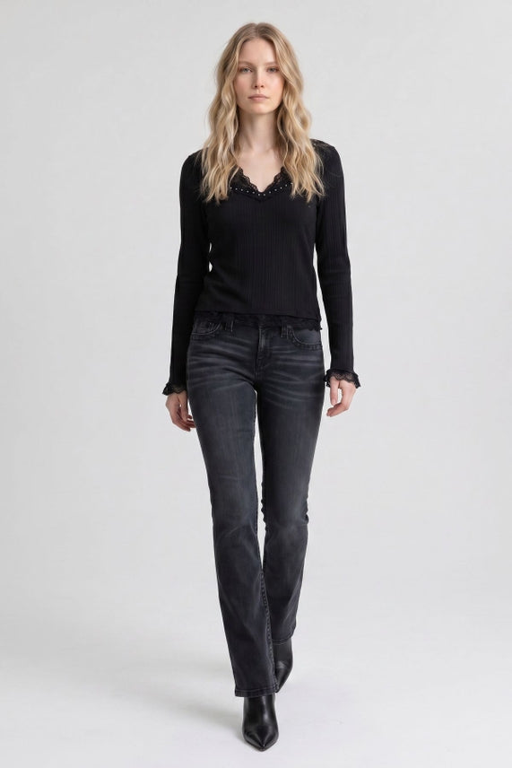 Long Sleeve Lace Detail Top- Black