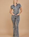 Short-Sleeve Denim Jumpsuit- Distressed Grey