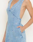 Daisy Embroidered Sleeveless Denim Dress-