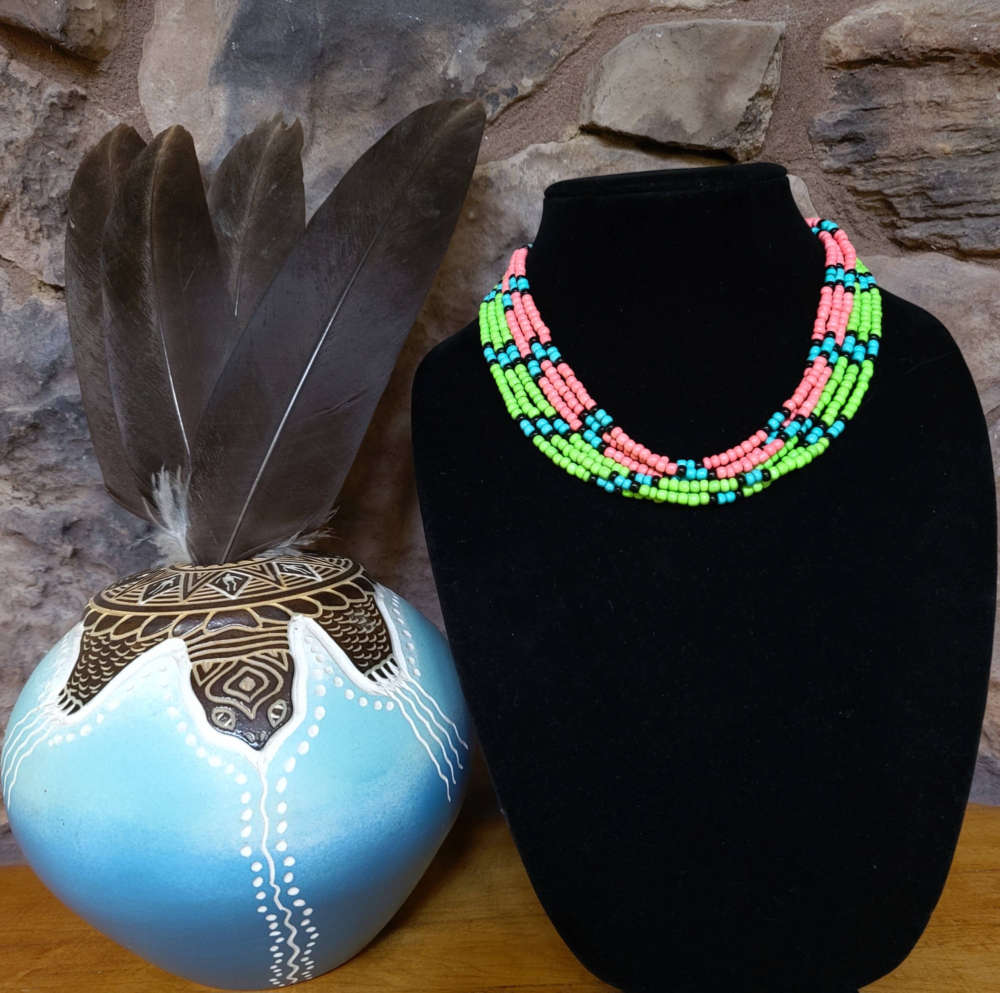 Turquoise and Glass Bead Necklace- Native Made