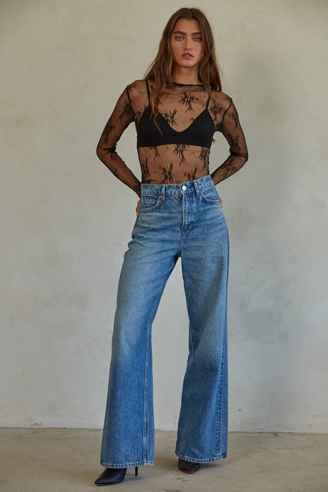 Sheer Layering Design Mesh Shirt- Black