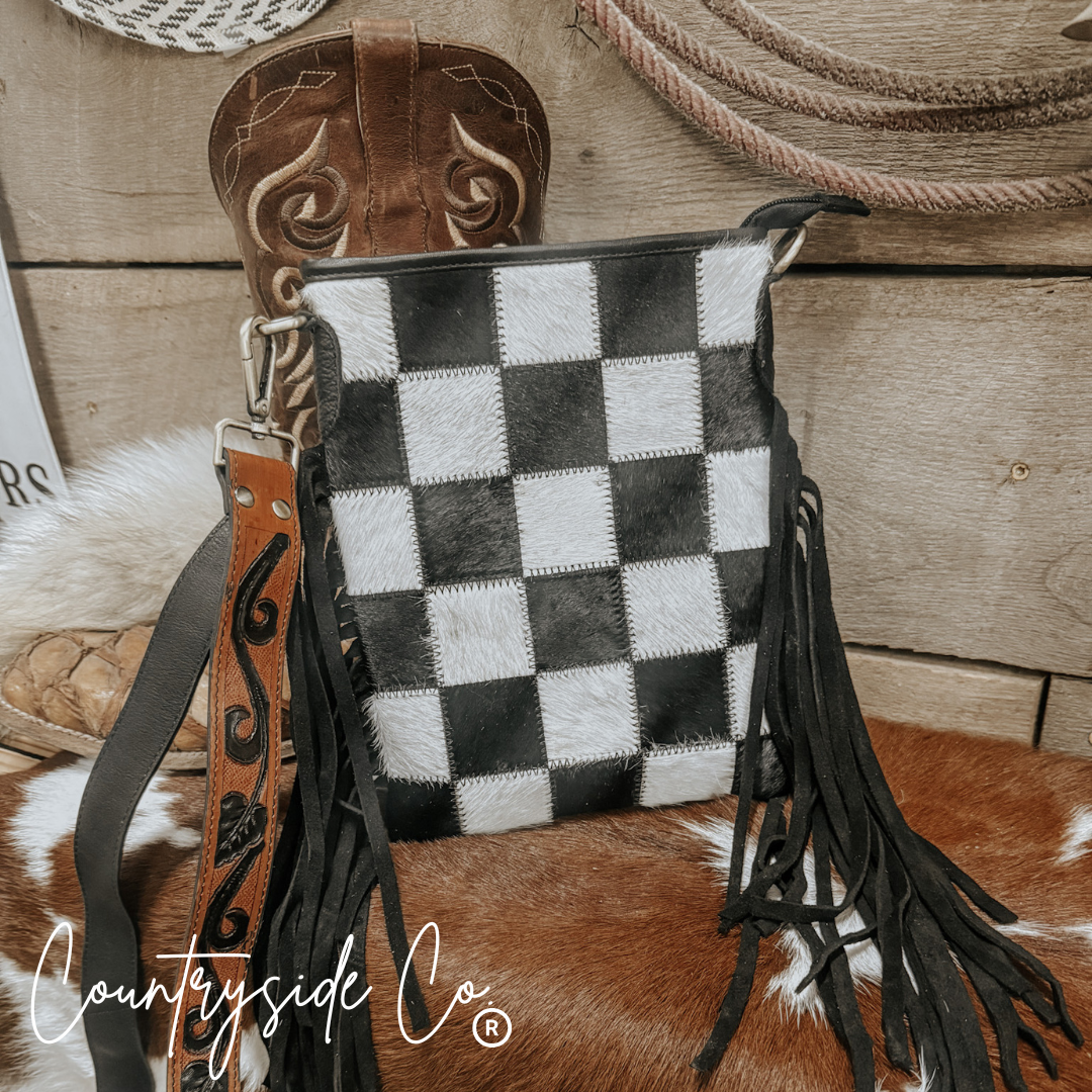 Stockyard Checkered Cowhide Fringe Purse, Black &amp; White