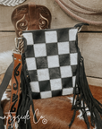 Stockyard Checkered Cowhide Fringe Purse, Black & White
