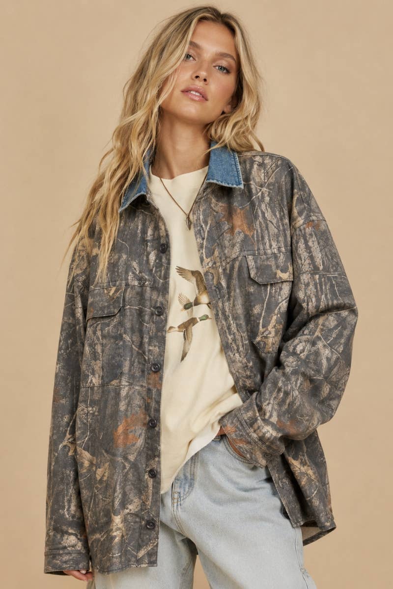 Denim Collar Camo Shacket-