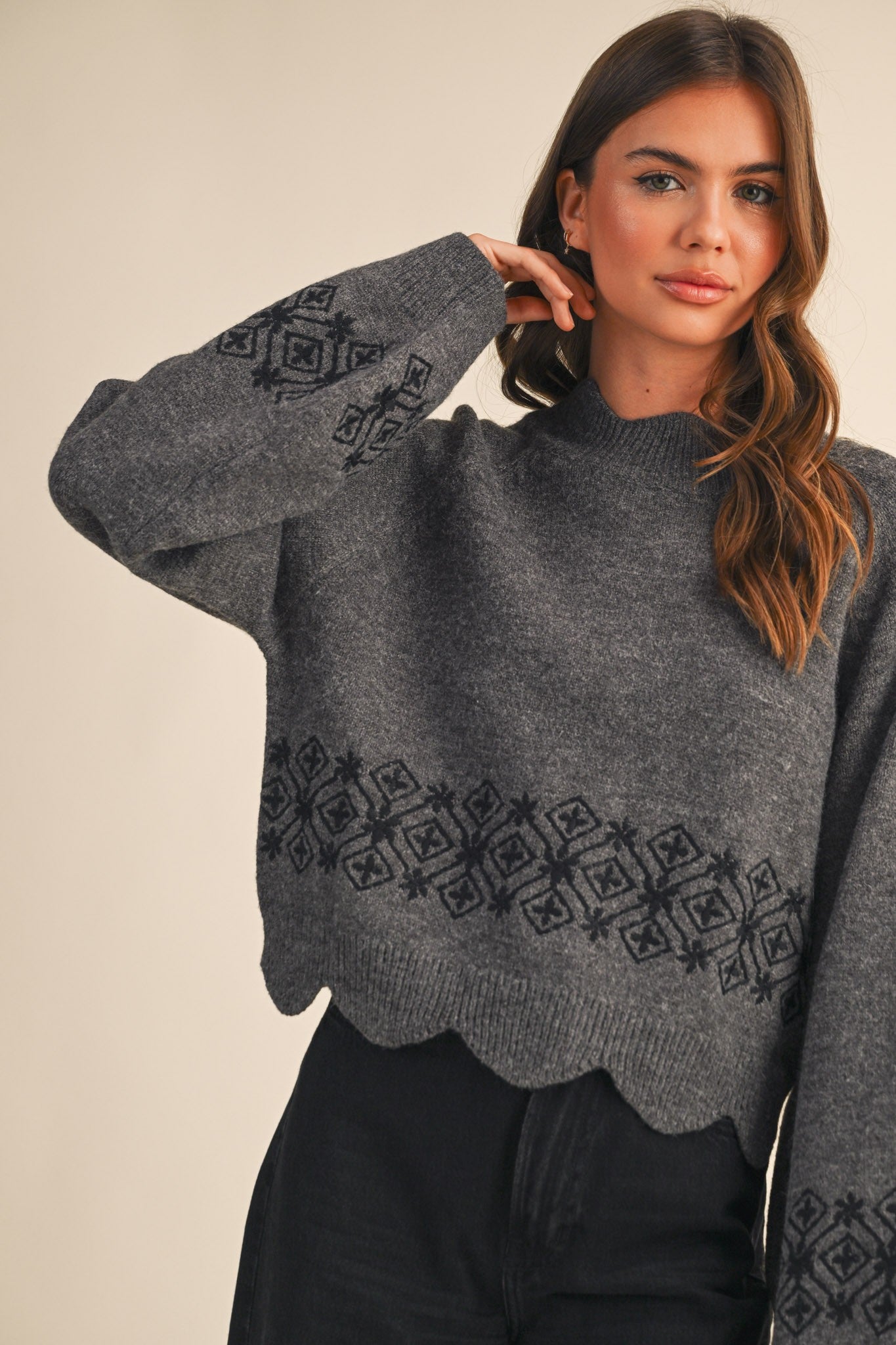 Scalloped Sweater- Charcoal-