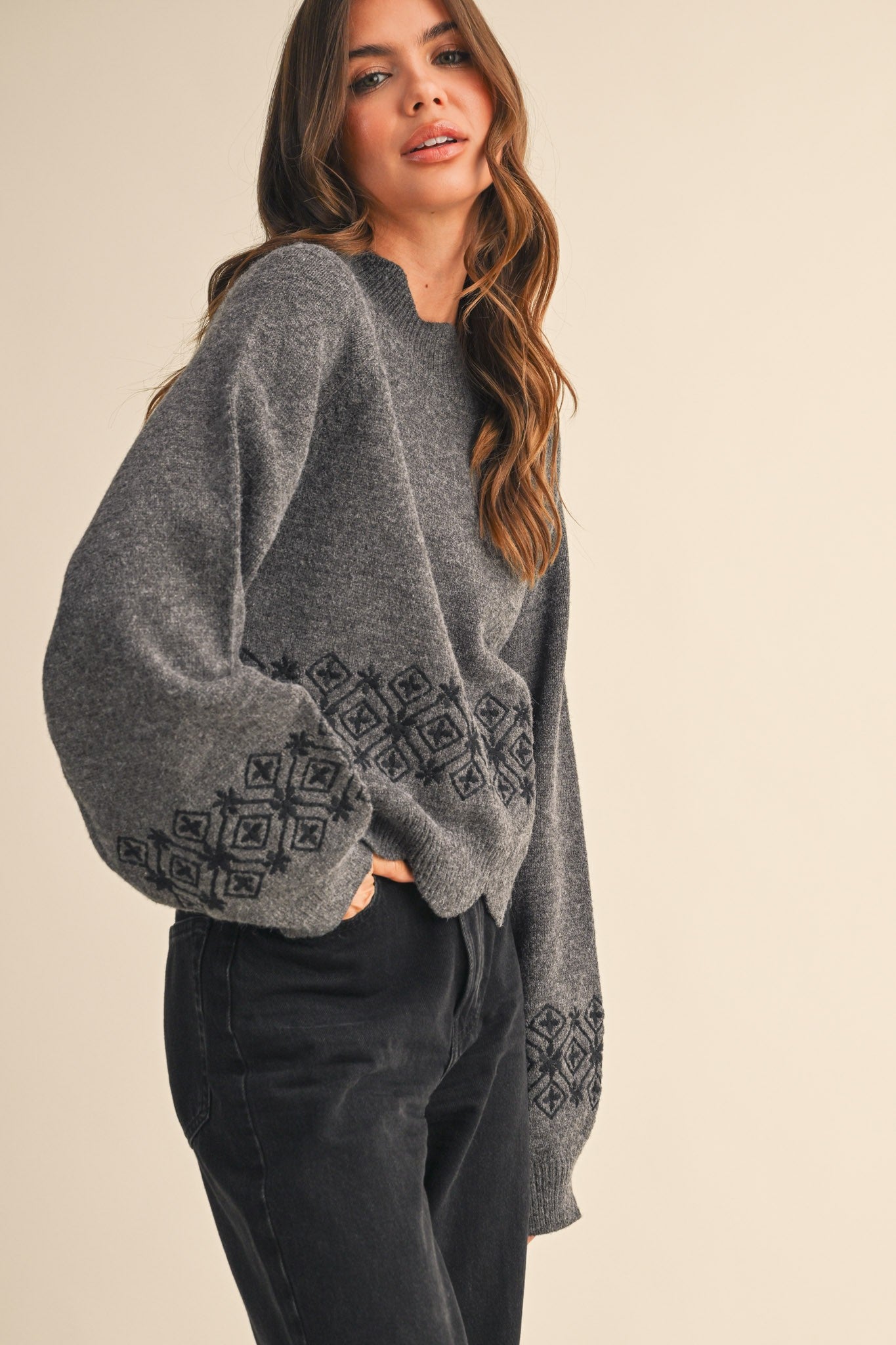 Scalloped Sweater- Charcoal-