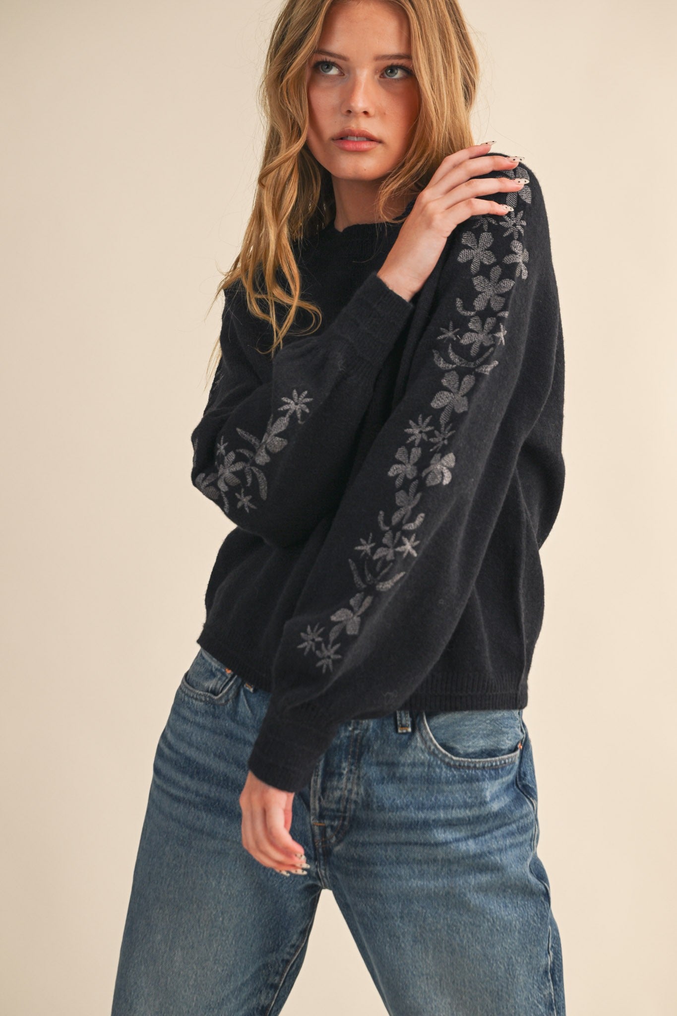 Embroidered Sleeve Sweater- Charcoal-