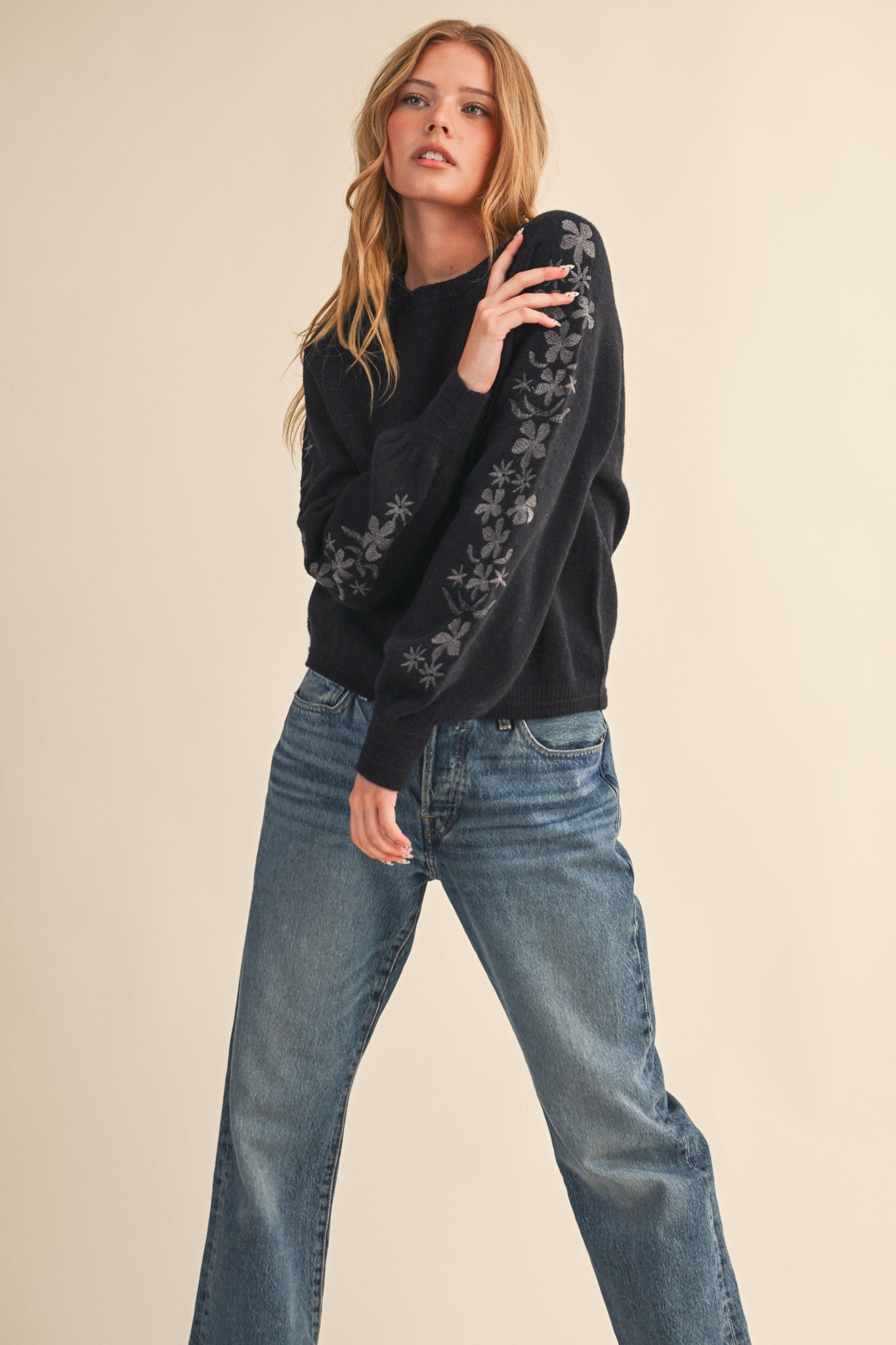Embroidered Sleeve Sweater- Charcoal-
