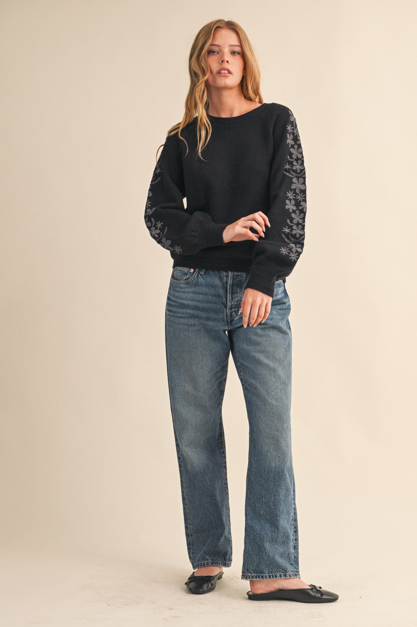 Embroidered Sleeve Sweater- Charcoal-
