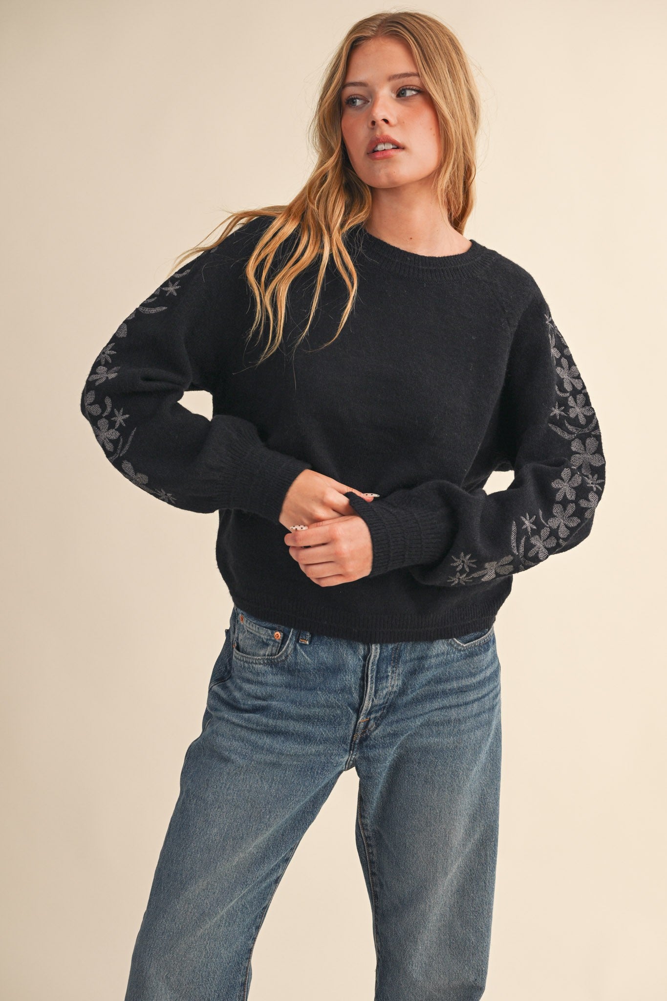 Embroidered Sleeve Sweater- Charcoal-