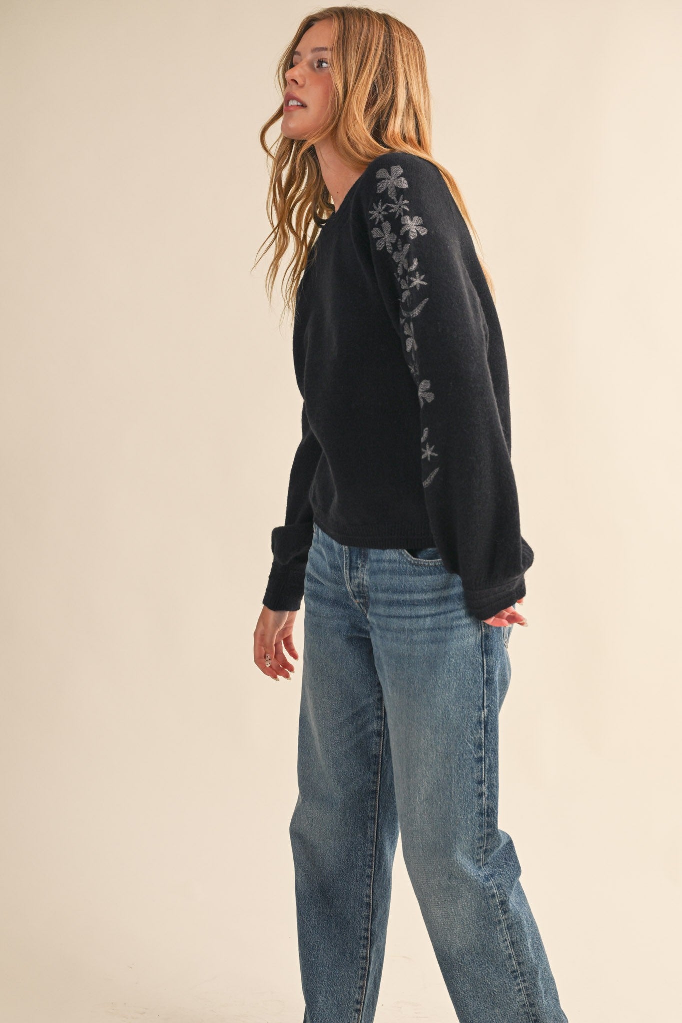 Embroidered Sleeve Sweater- Charcoal-